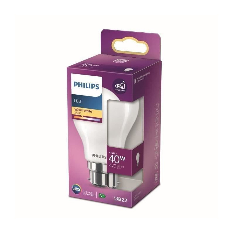 Philips LED Equivalent 40W B22 Warm White Warm Non -Dimmable, Glass