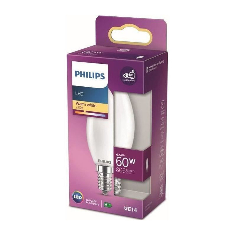 Philips Non -Dimmable LED bulb - E14 - 60W - Hot white