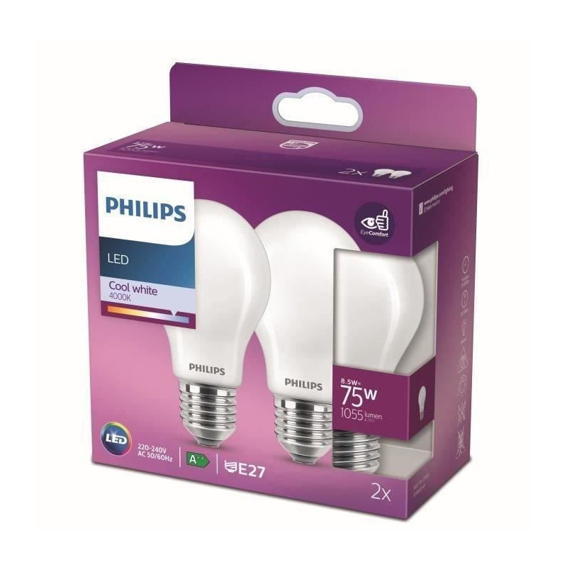 Philips LED Equivalent 75W E27 Cold White Non -Dimmable, Glass, Lot of