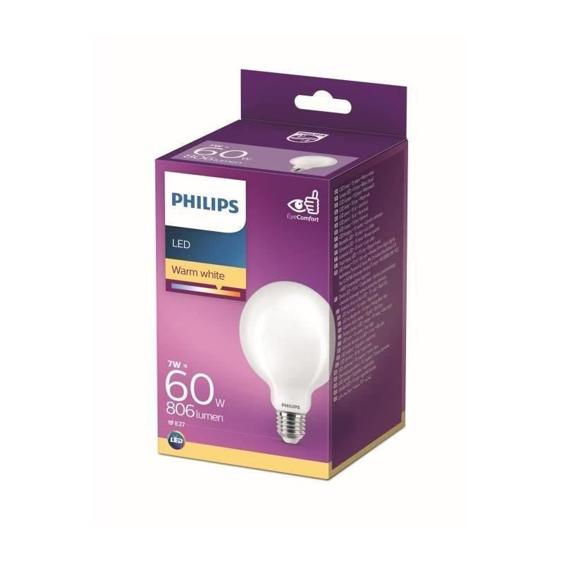 Philips LED Equivalent 60W E27 Warm Warm Non -Dimmable, Glass