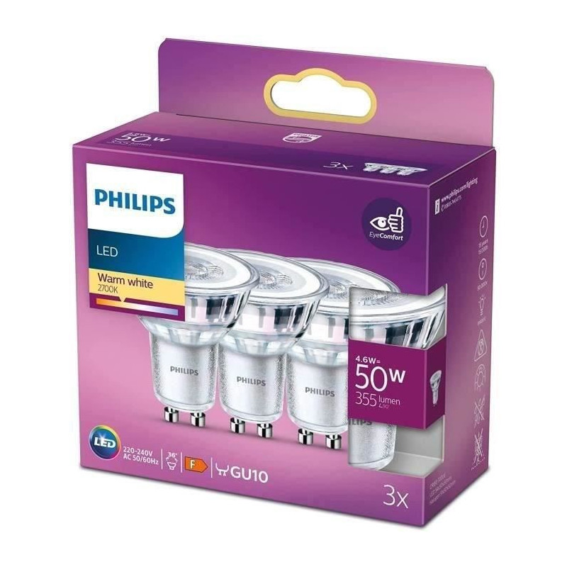 Philips, pack of 3 bulbs GU10 LED 50W, warm white