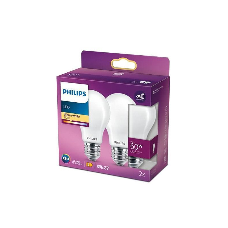 Philips LED Classic 60W Standard E27 Warm White Non -Dimmable Lot of 2