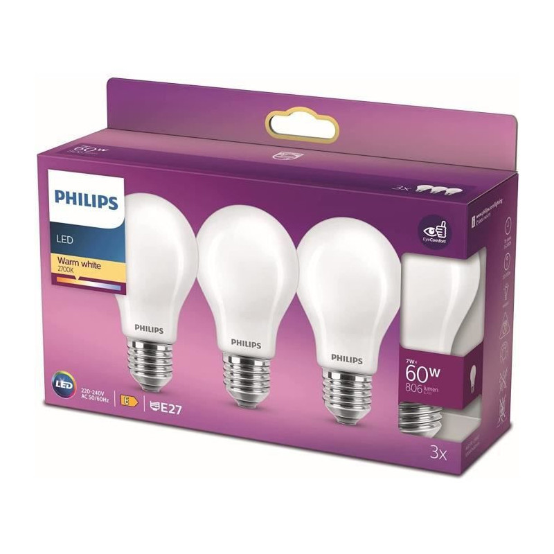Philips, pack of 3 E27 LED 60W bulbs, warm white