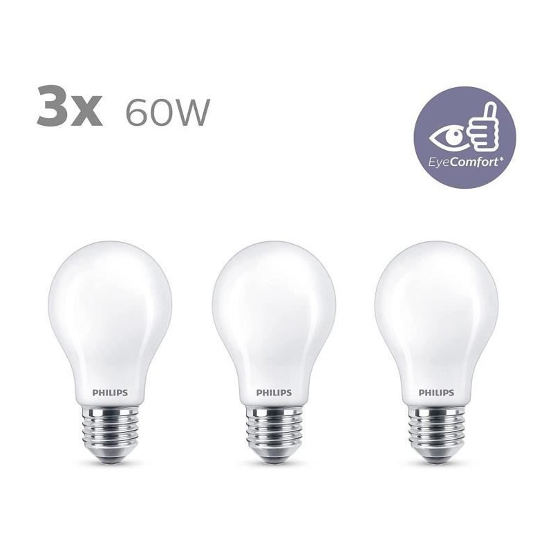 Philips, pack of 3 E27 LED 60W bulbs, warm white