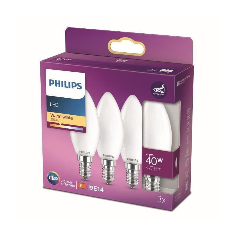 Philips, pack of 3 E27 LED 40W bulbs, warm white