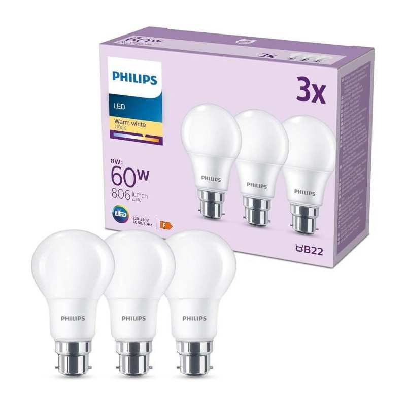 LED Bulb - PHILIPS - 60 W - B22 - Warm White - Frosted - Non-Dimmable