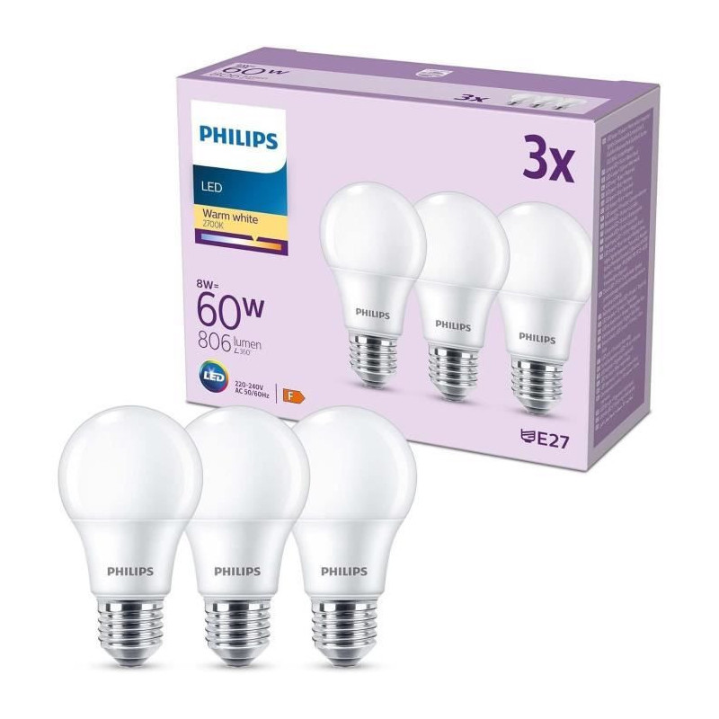 LED Bulb - PHILIPS - 60 W - E27 - Warm White - Frosted - Non-Dimmable