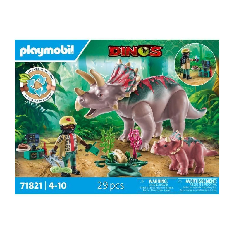 PLAYMOBIL 71821 Triceratops with Baby and Explorer, Dinos, 29 pieces,