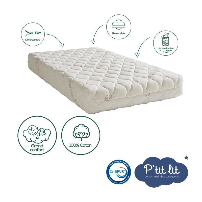 Organic Cotton Baby Mattress - 60x120x10 cm - 100% Cotton - Removable