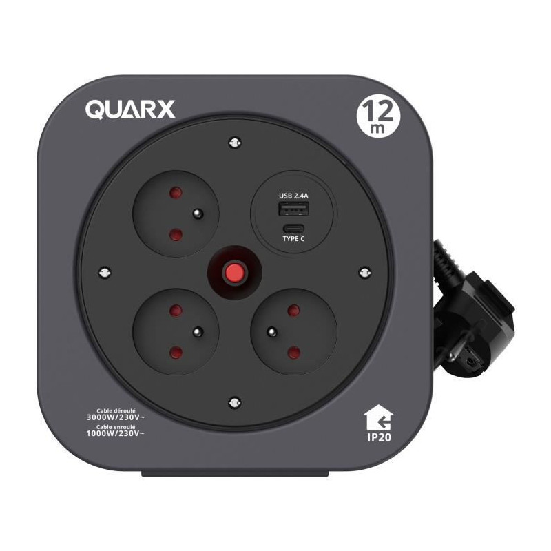 Reel - QUARX - S-Box - 12m, 3 x 16A sockets, USB Type A and C