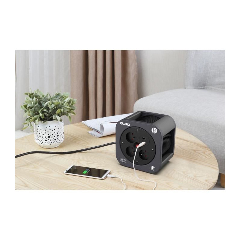 Reel - QUARX - S-Box - 12m, 3 x 16A sockets, USB Type A and C