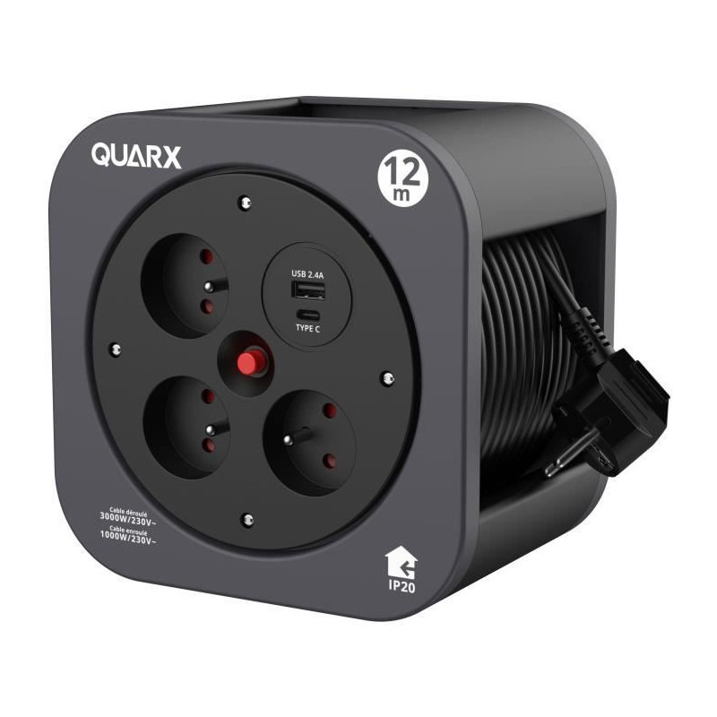 Reel - QUARX - S-Box - 12m, 3 x 16A sockets, USB Type A and C
