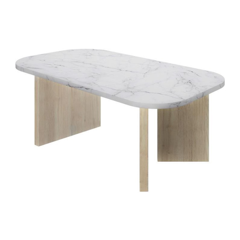 Oval coffee table - QUARTZ - White marble effect - Thick oak legs - 10
