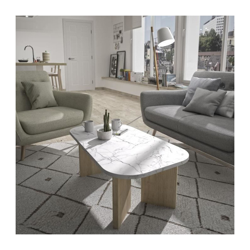 Oval coffee table - QUARTZ - White marble effect - Thick oak legs - 10