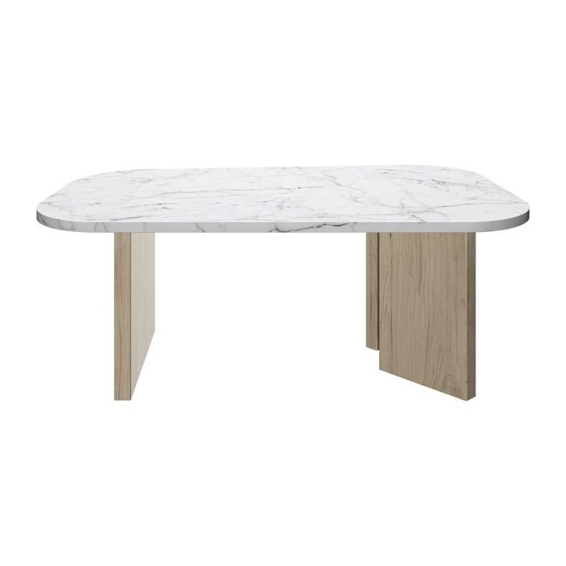 Oval coffee table - QUARTZ - White marble effect - Thick oak legs - 10