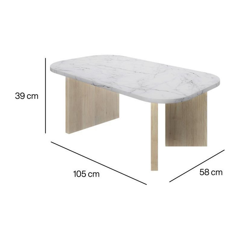 Oval coffee table - QUARTZ - White marble effect - Thick oak legs - 10
