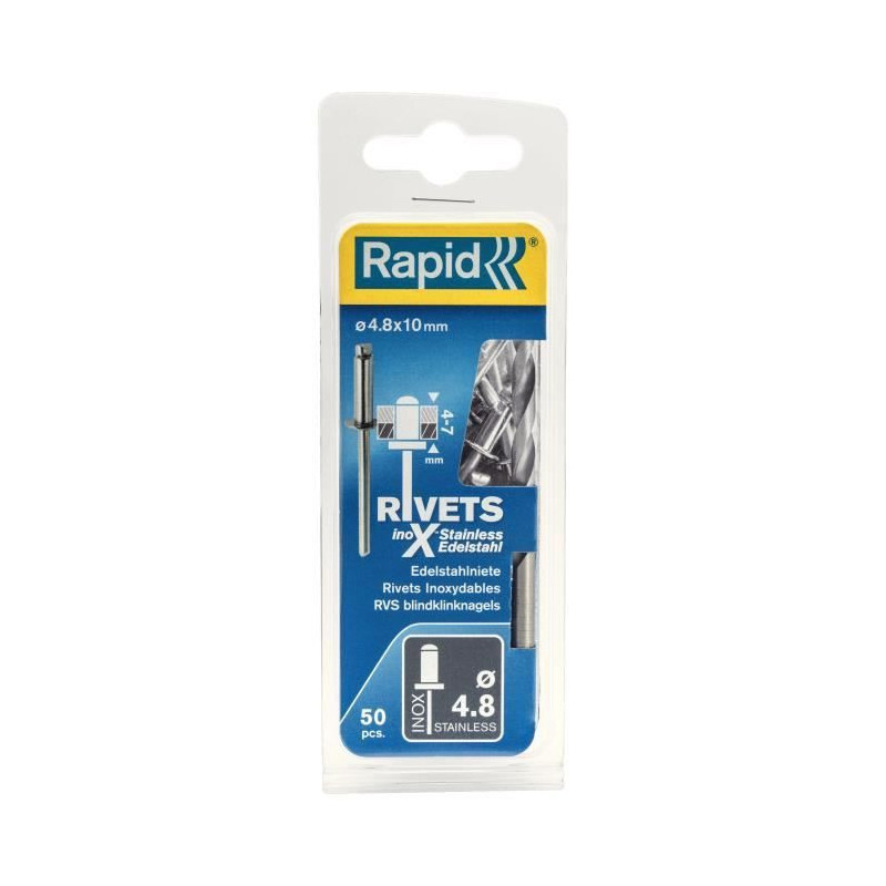 Rapid stainless steel rivets Ø4.8x10mm. Blister of 50 pcs