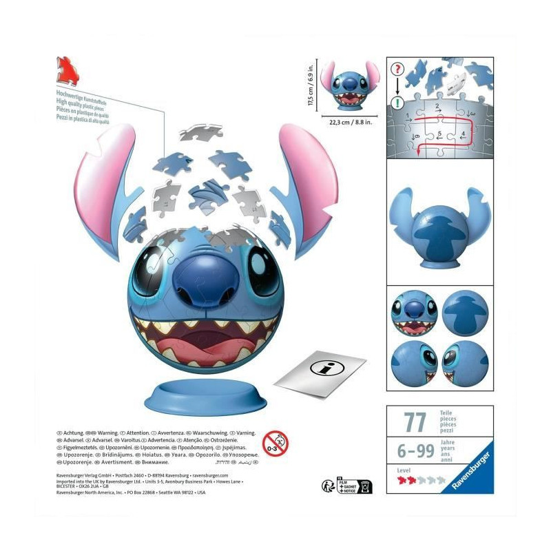 3D Puzzle Ball Disney Stitch 72 pieces, Ages 6, Ravensburger, 11574