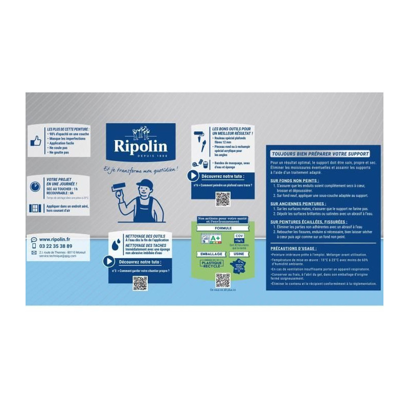Kitchen & bathroom ceiling paint - Matt white - RIPOLIN - 1L