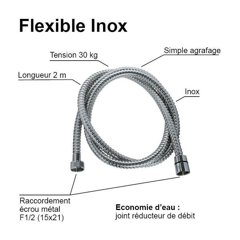 Shower hose - ROUSSEAU - Metal nuts - Safety crimps - Length 2 m - Sin