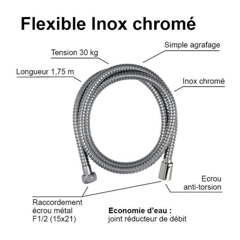 Shower hose - ROUSSEAU - Anti-twist metal nut - Safety crimps - Length