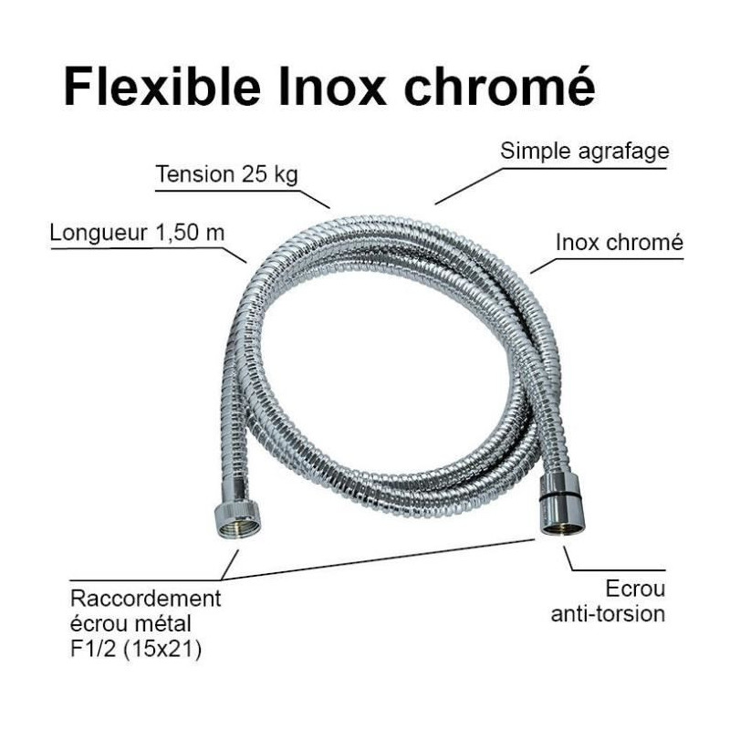 Shower hose - ROUSSEAU - Universal connector - Compact size - Metal nu