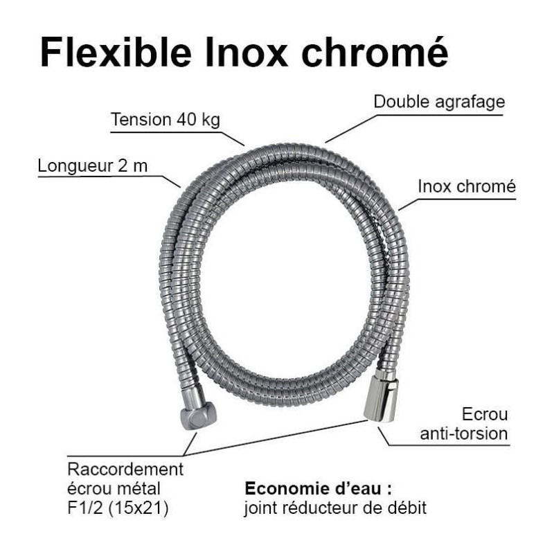 Shower hose - ROUSSEAU - Anti-twist metal nuts - Flow reduction - Leng