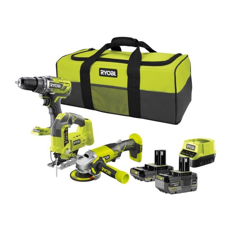 RYOBI 3 tools: 1 R18DD3 drill-screwdriver + 1 115 mm grinder + 1 jigsa