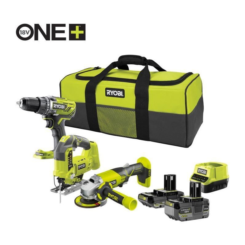 RYOBI 3 tools: 1 R18DD3 drill-screwdriver + 1 115 mm grinder + 1 jigsa