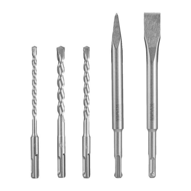 RYOBI 3-Bit Kit (6mm, 8mm, 10mm) and 2 SDS + Chisels (1 Point and 1 Fl