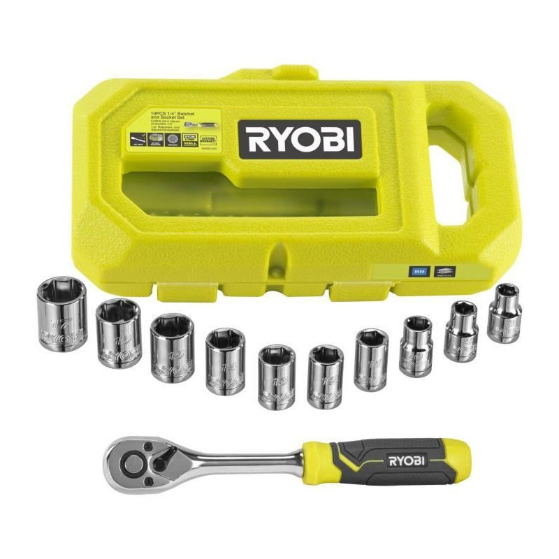 RYOBI - Set of 1 90-tooth wrench, 8 sockets (from 8 to 15 mm) & 1/4''