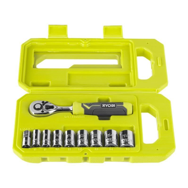 RYOBI - Set of 1 90-tooth wrench, 8 sockets (from 8 to 15 mm) & 1/4''