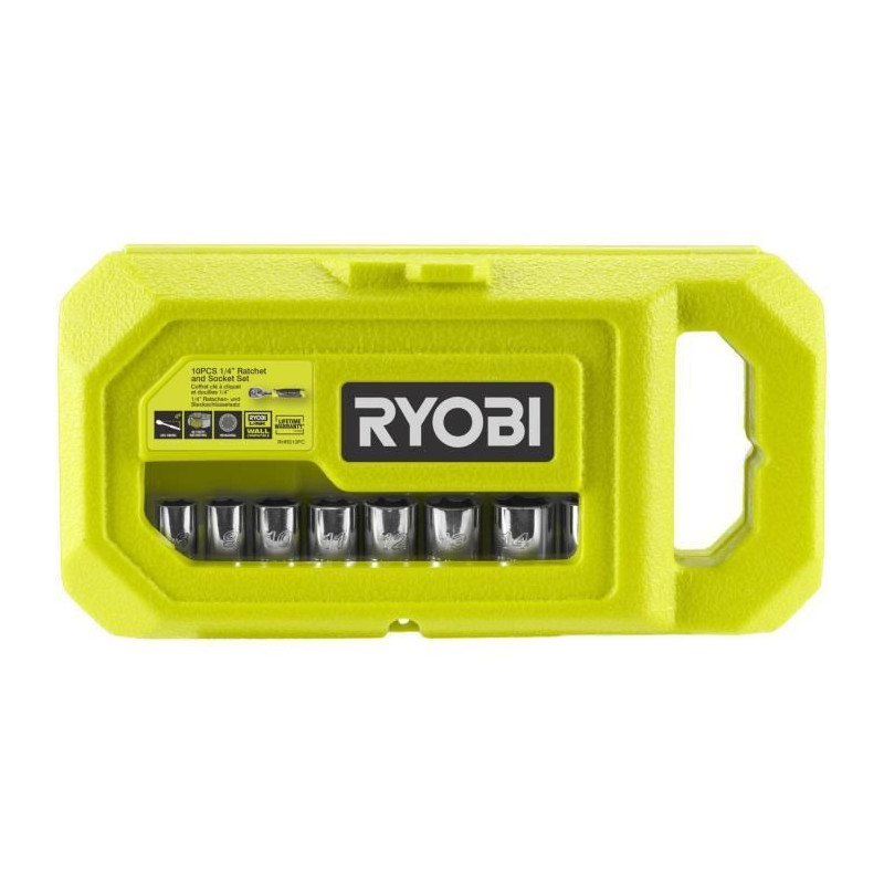 RYOBI - Set of 1 90-tooth wrench, 8 sockets (from 8 to 15 mm) & 1/4''